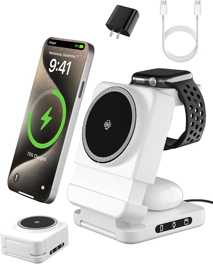 3 in 1 Foldable Wireless Charger 15W Qi2 Magnetic Charger Stand for iPhone &amp Samsung Apple Watch &amp Galaxy Watch AirPods &amp Galaxy Buds Travel-Friendly 25W PD Adapter Included