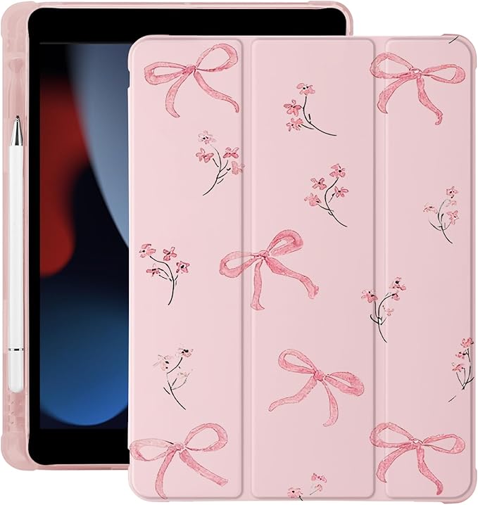 Cute Ribbon Bow Flower for iPad Air 3 Case with Pencil Holder Auto Sleep/Wake Pink Leather Soft TPU Back Cover for iPad Pro 10.5 Inch 2017
