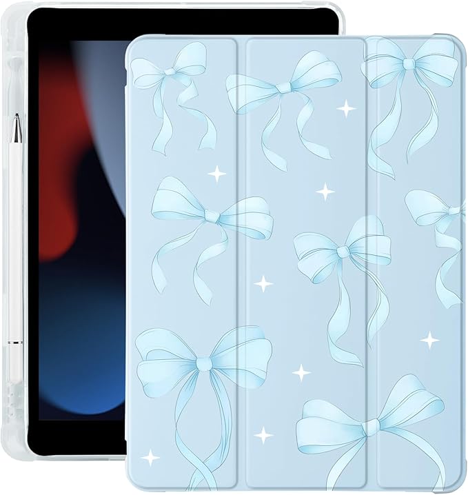 Cute Blue Ribbon Bow for iPad Pro 12.9 Inch Case 5th/6th Generation 2022/2021/2020 with Pencil Holder Auto Sleep/Wake Blue Leather Soft TPU Back Cover