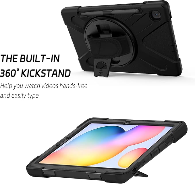 ZenRich Samsung Galaxy Tab S6 Lite Case 2024/2022/2020(SM-P620/P625/P610/P613/P615/P619) with [S Pen Holder] Shockproof Rugged Case with [Stand] [Hand Strap] [Shoulder Belt] Black