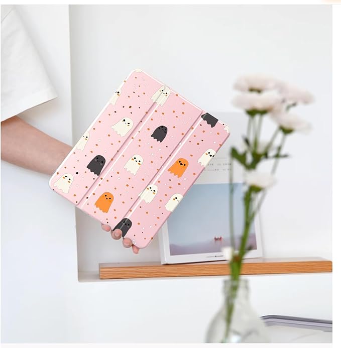 Cute Kawaii Halloween Ghost for iPad Air 11 Inch Case 7th/6th Generation (M3/M2) 2025/2024 with Pencil Holder Auto Sleep/Wake Pink Leather Clear Acrylic Back Cover