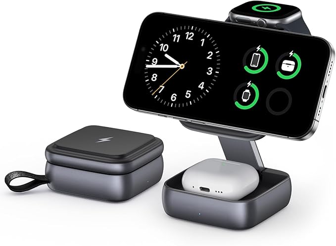 3 in 1 Wireless Charging Station for Apple DevicesFoldable Fast Travel Magnetic Wireless ChargerCompatible with MagSafe Charger for iPhone 17 Air 16 15 14 13 12Apple Watch&ampAirPods Pro