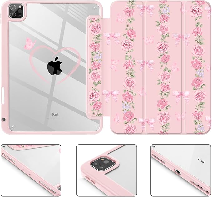 May Chen for iPad Pro 11 inch M2 4th Generation 2022 iPad Pro 11 3rd/2nd/1st Gen Built-in Pencil Holder with Shockproof Cover Clear Transparent Back Shell Auto Wake/Sleep Bow &amp Rose Flower