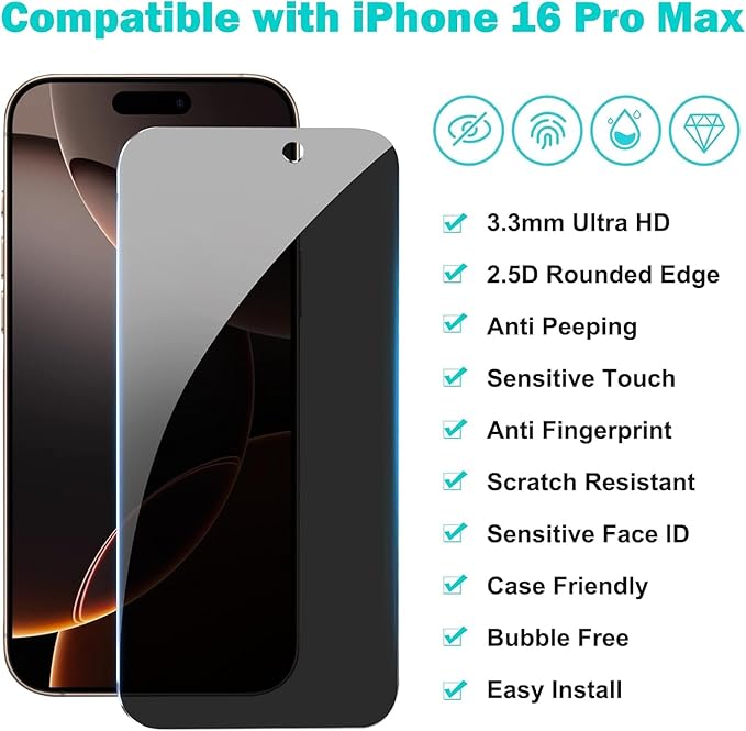 3 Pack for iPhone 16 Pro Privacy Screen Protector + 2 Camera Lens Protector 9H+ Tempered Full cover Glass 12FT Military Grade Shatterproof 100% Anti Spy Auto Alignment Kit