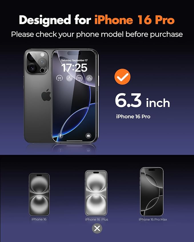 UNBREAKcable iPhone 16 Pro Screen Protector 3-Pack 3 Tempered Glass + 3 Camera Lens Protectors 9H Hardness HD Clarity Anti-Fingerprint Case Friendly 6.3 Inch