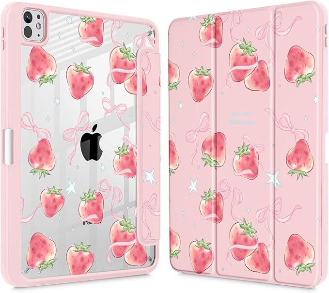 May Chen Case for iPad Pro 11-Inch M5/M4 2025/2024 (6th/5th Generation) Clear Transparent Print Back Shell Slim Stand Shockproof Tablet Cover Auto Wake/Sleep Bow Strawberry