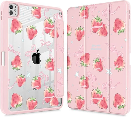 May Chen Case for iPad Pro 11-Inch M5/M4 2025/2024 (6th/5th Generation) Clear Transparent Print Back Shell Slim Stand Shockproof Tablet Cover Auto Wake/Sleep Bow Strawberry