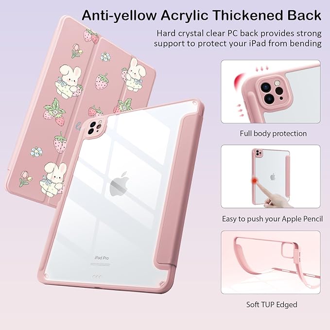 Cute Kawaii Bunny Strawberry for iPad Pro 12.9 Inch Case 5th/6th Generation 2022/2021/2020 with Pencil Holder Auto Sleep/Wake Pink Leather Clear Acrylic Back Cover