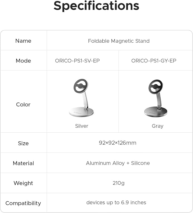 ORICO Magnetic Phone Stand for Magsafe Adjustable Foldable Aluminum Alloy Stand for iPhone 17/16/15/14/13/12 Pro Max Air/Magsafe Case Phone Holder for Desk Streaming &amp Video Calls - PS1 Sliver