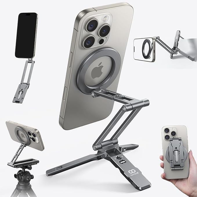 Lamicall for Magsafe Tripod Stand - [Ultra-Compact] Aluminium Magnetic Phone Tripod for iPhone 17/16 Pro Max Air Flexible Cell Phone Bedstand Mount with 1/4 Screw Arca &amp Hook Fits Travel Desk G
