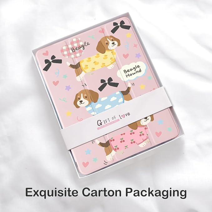 Cue Kawaii Beagle Dog Puppy for iPad Pro 12.9 Inch Case 5th/6th Generation 2022/2021/2020 with Pencil Holder Auto Sleep/Wake Pink Leather Soft TPU Back Cover