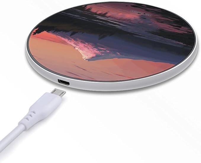 Sunset Landscape Mountains Lake Wireless Charger Fast Wireless Charging Pad with USB Cable 10W Anti-Slip Magnetic Wireless Charger Portable Slim Charger Puck Travel Charging Station