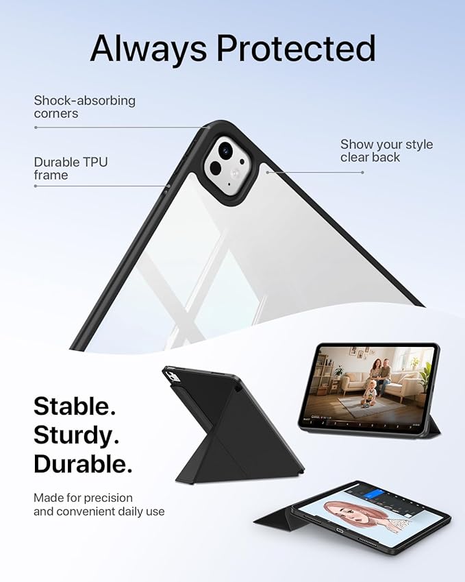 for iPad Pro 13 inch Case M5/M4 (2025/2024) Multi-Angle Y Fold Stand Magnetic Premium PU Leather Full Protective Case with Hidden Pencil Holder (Midnight Black)