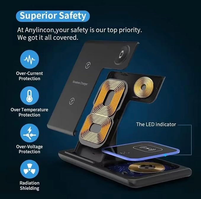 Aura Avenue 3 in 1 Magnetic Wireless Charger 15W | Fast Charging Station for Mobile Earphones &amp Smartwatch | Foldable ABS+PC Charging Stand with Night Light
