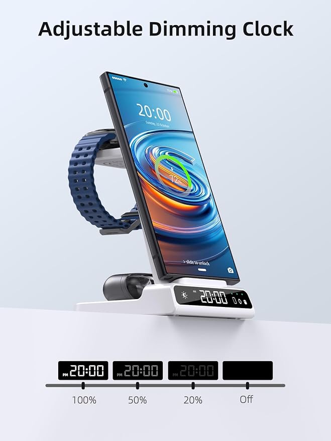 Wireless Charger Samsung Charging Station: 3 in 1 Android Charging Stand with Dimmable Clock - Nightstand Organizer for Galaxy S25 Ultra S24 Galaxy Watch 8 7 6 5 4 Galaxy Buds Space-Saving Charger