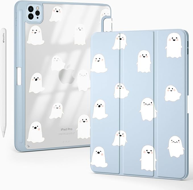Cute Halloween Ghost Kawaii for iPad Pro 12.9 Inch Case 5th/6th Generation 2022/2021/2020 with Pencil Holder Auto Sleep/Wake Blue Leather Clear Acrylic Back Cover