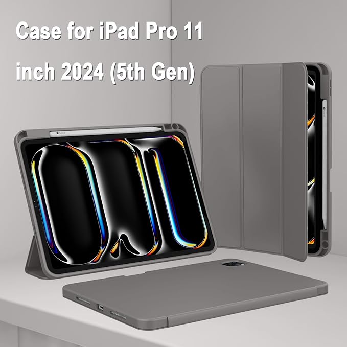 ZryXal iPad Pro 11 Inch Case (M5) 2025/ (M4) 2024 (Model: A2836/A2837/A3006) Trifold Stand Smart Cover with Pencil Holder and Soft TPU Back Auto Wake/Sleep (Space Gray)