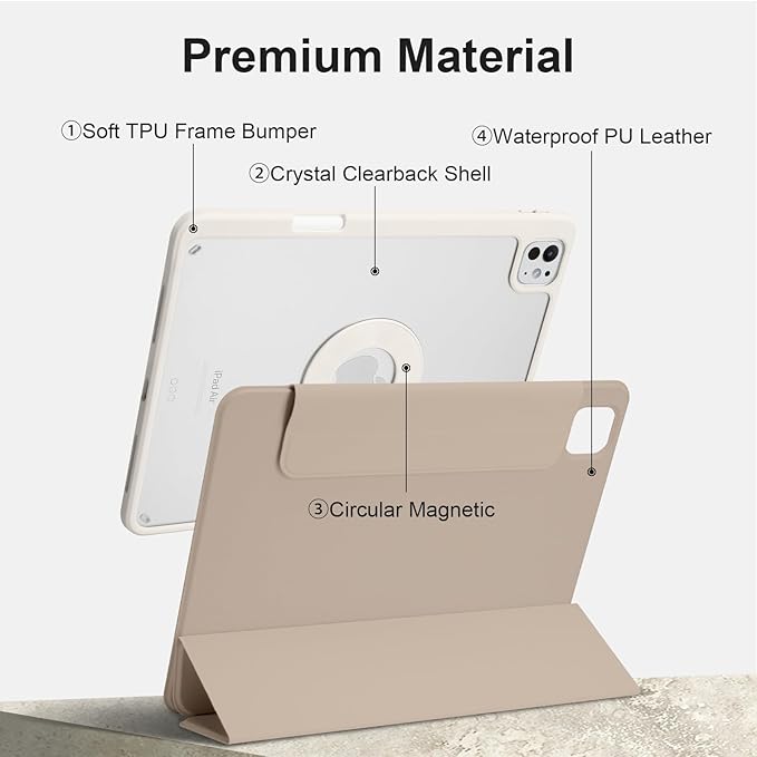 Case for iPad Pro 11 inch M5/M4 (2025/2024 6th/5th Generation) Removable and Detachable Magnetic Cover with Pencil Holder Vertical Adjustable Stand Tri-Fold Multi-Angle Oat Coffee+White