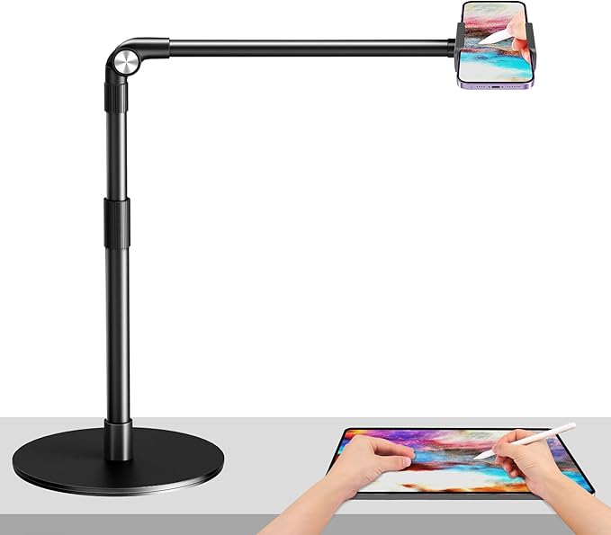 elitehood Heavy Duty Aluminum Overhead Phone Stand 15 in Long Arm iPhone Holder for Video Recording 360 Degrees Swivel Tilt Overhead Phone Mount for Filming Meeting Cooking Painting and Crafting