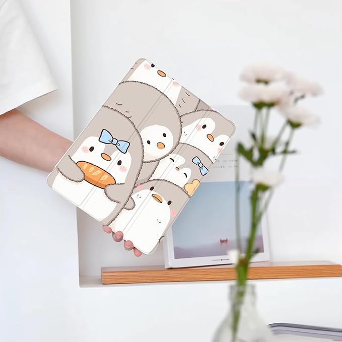 Cute Kawaii Penguin for iPad Air 3 Case with Pencil Holder Auto Sleep/Wake White Leather Soft TPU Back Cover for iPad Pro 10.5 Inch 2017