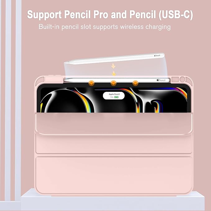 ZryXal iPad Pro 11 Inch Case (M5) 2025/ (M4) 2024 (Model: A2836/A2837/A3006) Trifold Stand Smart Cover with Pencil Holder and Soft TPU Back Auto Wake/Sleep (Rose Pink)