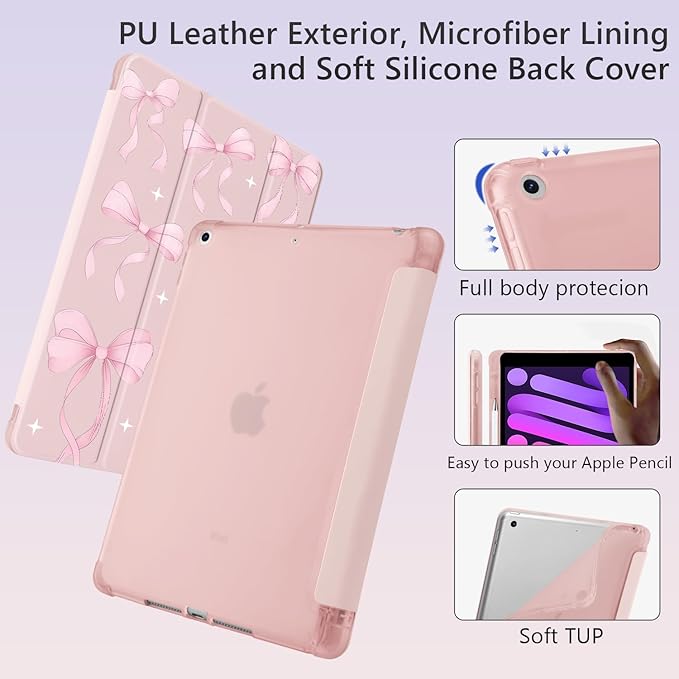 Cute Pink Ribbon Bow for iPad Air5/Air4 Case with Pencil Holder Auto Sleep/Wake Pink Leather Soft TPU Back Cover for iPad 10.9 Inch 2022/2020