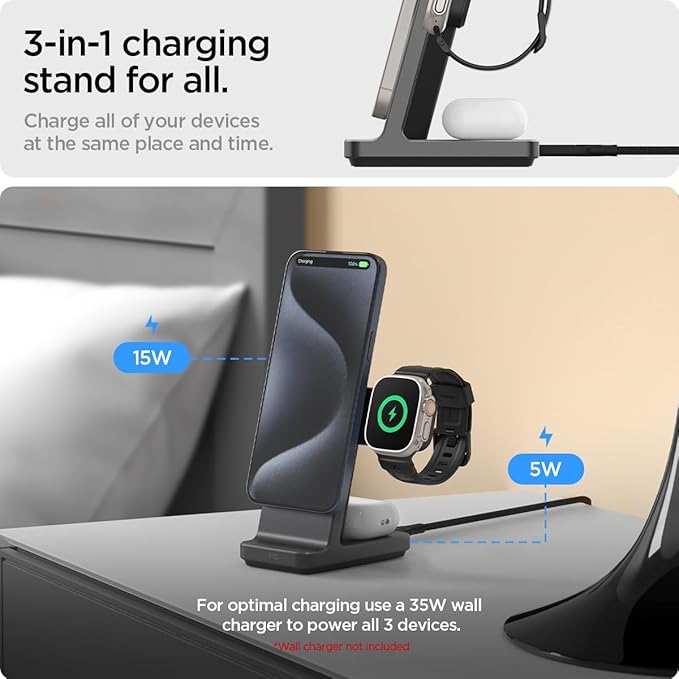 Spigen for 3 in 1 Charging Station Qi2 MagSafe Charger Stand 15W Compatible with iPhone 17/16/15/14/13/12 Apple Watch Ultra 3/2/1 Apple Watch 11/10/9/8/7/6/5/4/3/2/1/SE AirPods Pro 3/2/1 AirPods 4/3
