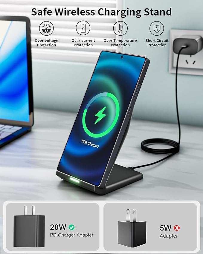 Wireless Charger Stand 15W Fast Phone Wireless Charging Stand Station with 20W USB C Brick for Samsung W26/S25 Ultra/S24+/S23/S22+/S21 iPhone Air/17 Pro Max/16/15/14/13/12 with Sleep-Friendly Light
