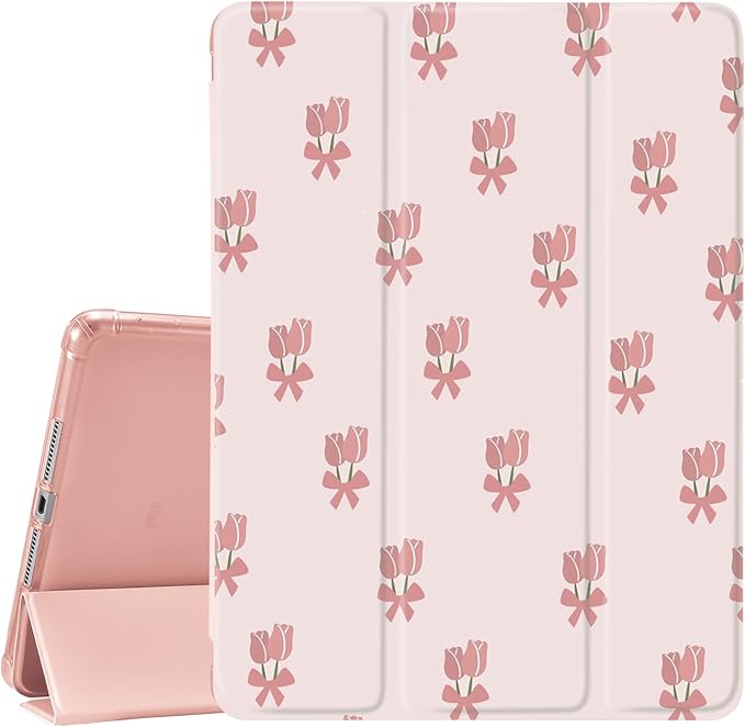 JOYLAND Tulip Pad Case - Pink iPad 5/6 Gen Folio with Pencil Holder &amp Auto Wake/Sleep