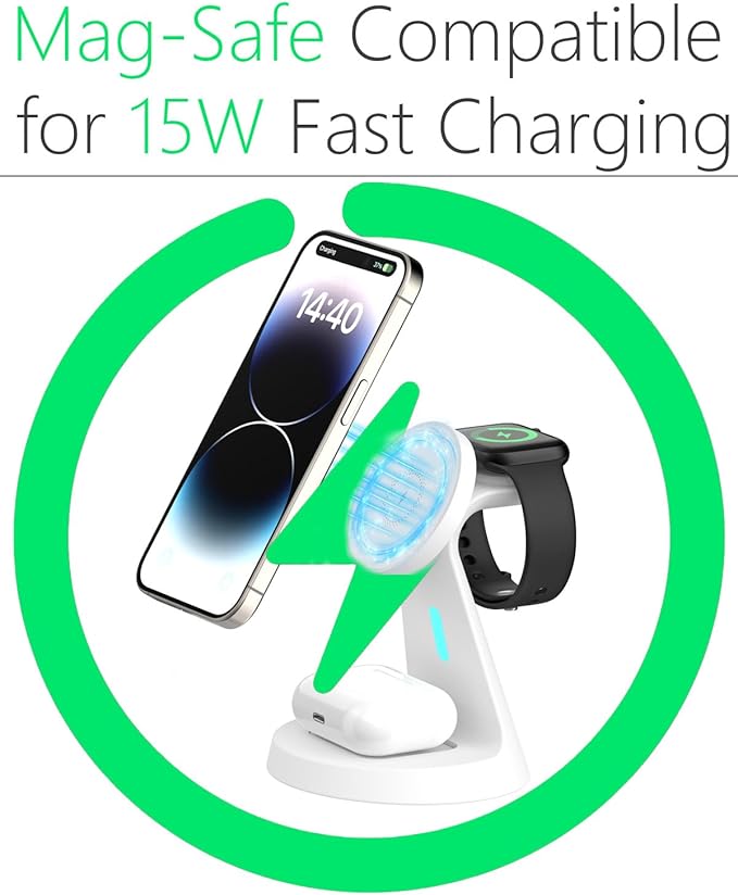 Wireless Charger Compatible with Mag-Safe3 in 1 Charging Station for iPhone17/16/15/14/13/12 Series Apple WatchAirPods15W Fast Charging (Adapter Included)
