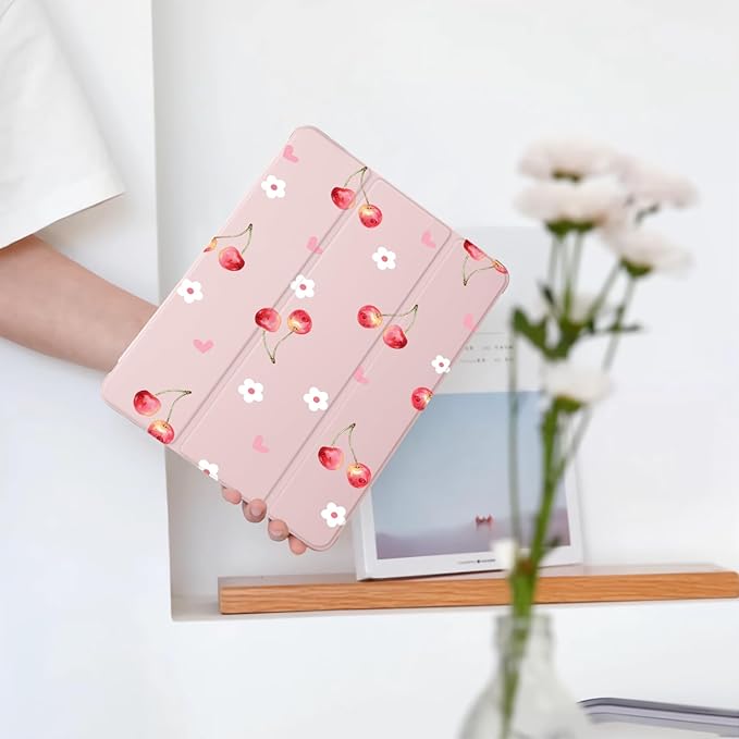 Cute Cherry Floral Heart for iPad Air5/Air4 Case with Pencil Holder Auto Sleep/Wake Pink Leather Soft TPU Back Cover for iPad 10.9 Inch 2022/2020