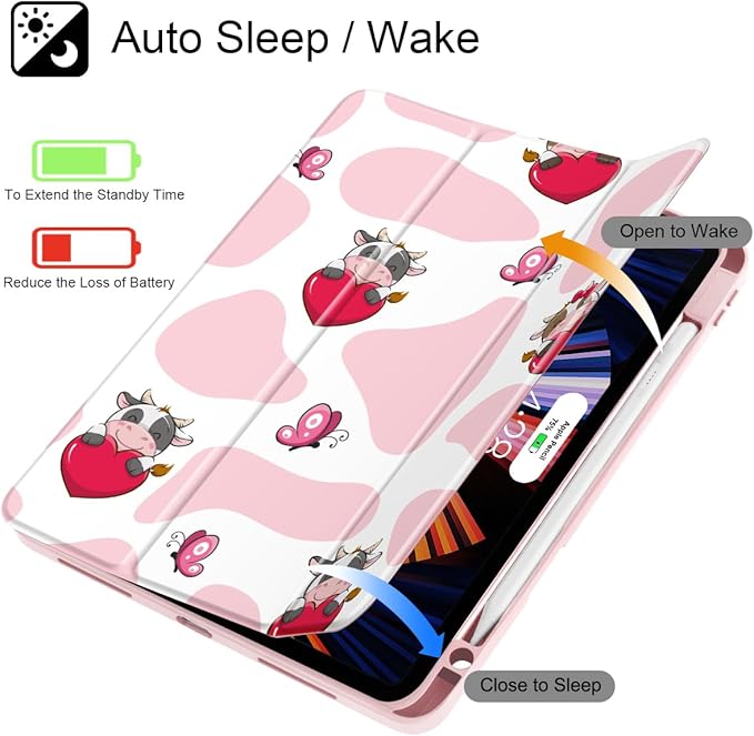 Mektron Case for iPad Pro 11 inch (4th 3rd 2nd &amp 1st Gen) 2022 2021 2020 2018 Buit in Pencil Holder with Shockproof Cover Clear Shell + Auto Wake/Sleep Butterfly Cow