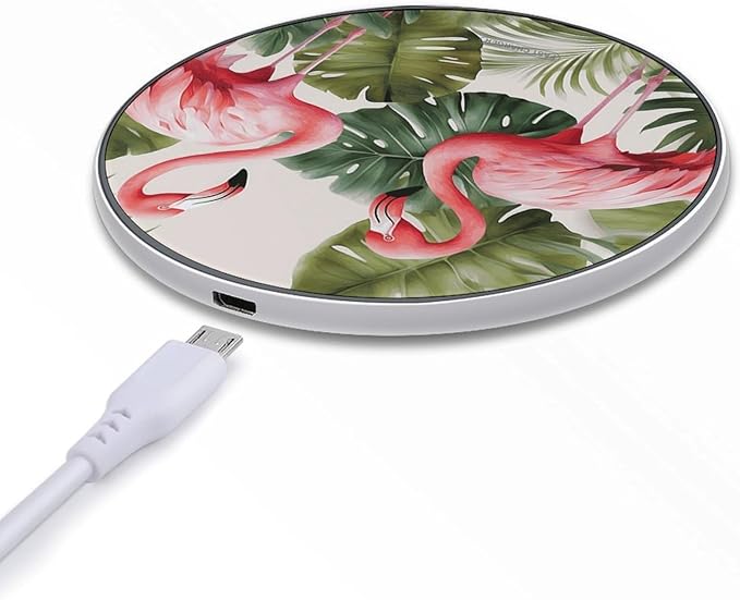 Flamingo Palm Trees Leaf Wireless Charger Fast Wireless Charging Pad with USB Cable 10W Anti-Slip Magnetic Wireless Charger Portable Slim Charger Puck Travel Charging Station