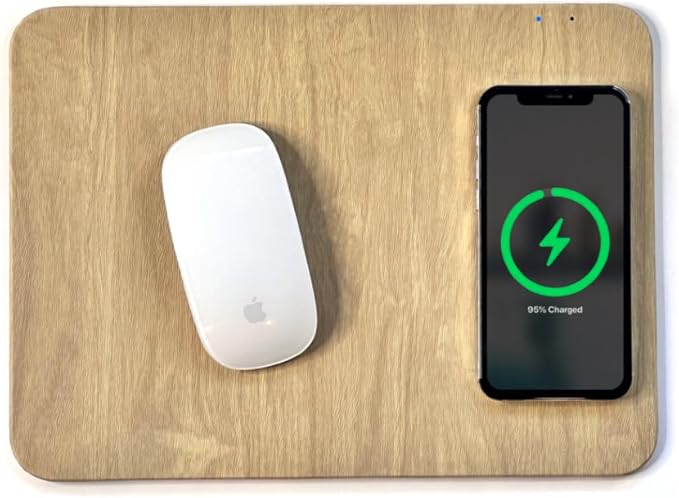 Tech Candy Power Pad Qi Charger Mouse Pad - Charges Wireless Phone Natural Wood Look Slim Built-in LED Light Slim Great for Travel USB Cable Included Vegan Leather Simple to Use