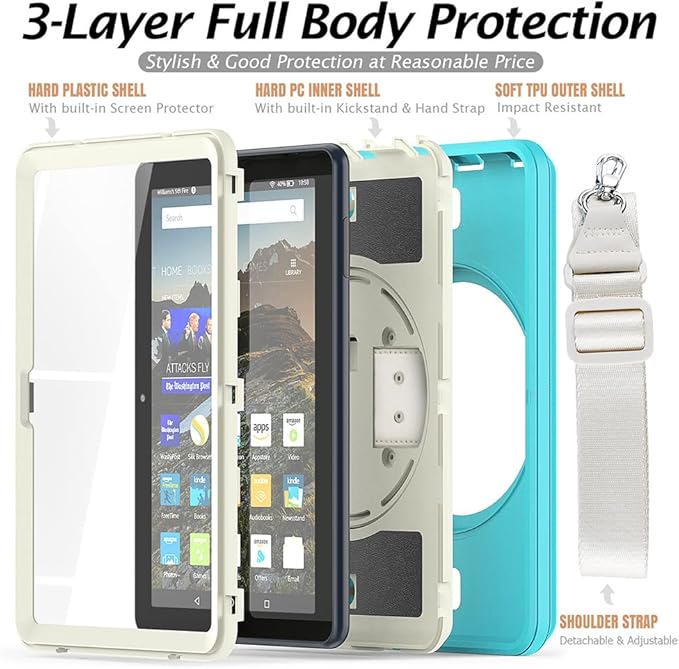 New Kindle Fire HD 8/8 Plus Tablet Case with 360 Degree Swivel Stand Carrying Strap Children's Ebook Cover