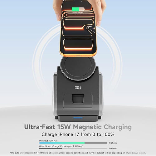 3 in 1 Charging Station Mag Safe Wireless Charger Stand Qi2-enable 15W Multiple Device Magnetic Charging Station for iPhone 1615141312 Series Apple Watch AirPods (USB-C Charger Included)