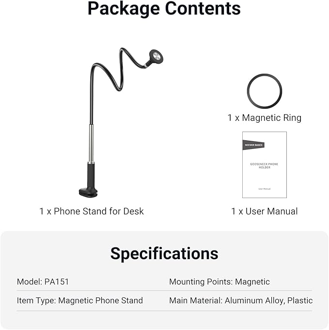 NEEWER Basics Magnetic Phone Stand for Desk 360° Overhead Table Cellphone Holder Clamp Mount with Flexible Arm Compatible with MagSafe iPhone Android Samsung for Bed Video Recording PA151 Black