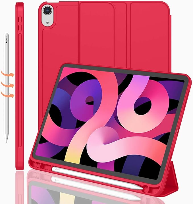 iMieet iPad Air 11 Inch Case M4/M3/M2(2026/2025/2024) iPad Air 5th/4th Generation Case 2022/2020 10.9 Inch with Pencil HolderTrifold Stand Smart Case with Soft TPU Back(Red)