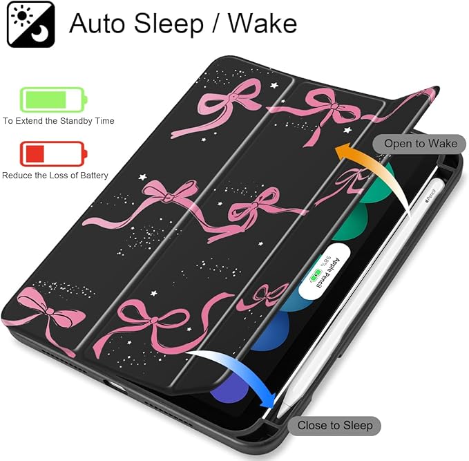 May Chen Slim Case for iPad mini 7 (A17 Pro 7th Generation) 2024 / iPad mini 6 (6th Gen) 8.3 Inch [Built-in Pencil Holder] Shockproof Cover Clear Clear Back Shell Auto Wake/Sleep Black Stars Bow