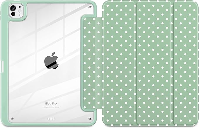 Case for iPad Pro 11 Inch (M5 2025 M4 2024) – [Built-in Pencil Holder] Shockproof &amp Stylish Clear Hard Back + Soft TPU Edge Magnetic Trifold Stand Auto Wake/Sleep Green White dot