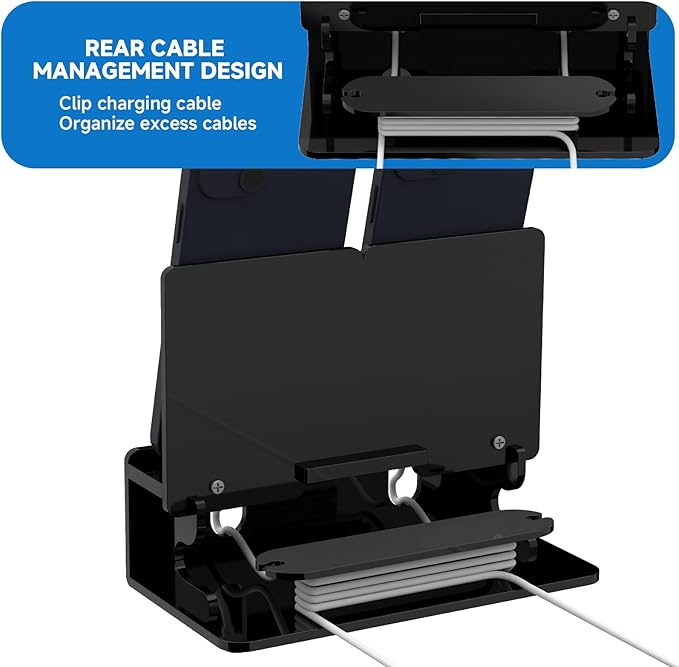Dual Phone Holder Organizer Stand for 2 Phones Acrylic Desktop Universal Mobile Phone Docking Station Charger Holder with Cable Management Black