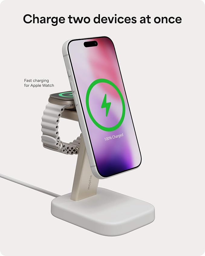 Mophie 2-in-1 Wireless Charging Stand - Qi2-Certified MagSafe Charger for iPhone &amp Apple Watch – Fast Charging Station with Adjustable Phone Stand &amp Cable Management – Up to 15W Power