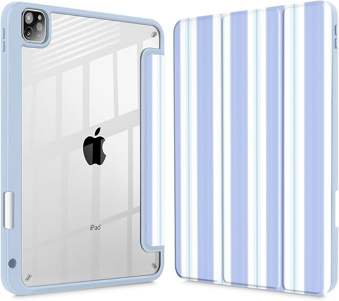 Mektron Case for iPad Pro 11 inch Case M2 2022 Generation 4th Fit 2021 2020 2018 iPad Pro 11 (3rd 2nd &amp 1st Gen) -Buit in Pencil Holder with Shockproof Cover Clear Shell Blue Striped