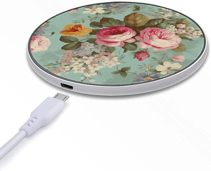 Vintage Floral Flowers Wireless Charger Fast Wireless Charging Pad with USB Cable 10W Anti-Slip Magnetic Wireless Charger Portable Slim Charger Puck Travel Charging Station