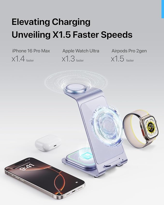 Intoval Aluminum 3 in 1 Wireless Charging Station for iPhone 17 16 15 14 13 12 11 Pro Max XR Wireless Charger for Apple Watch 11 10 9 8 7 Ultra SE 3 2 Phone Charger for AirPods 4 Pro 2 3 (Lavender)