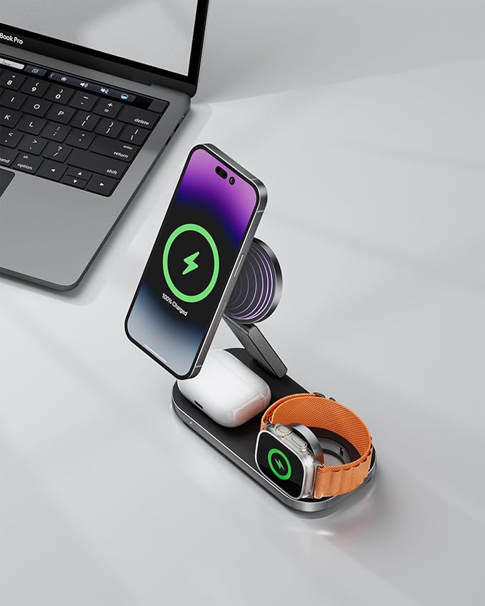 3-in-1 Charging Station for Apple Device Qi2 25W Certified Magnetic Wireless Foldable Fast Charger Stand Compatible with MagSafe for iPhone 17e/17/16/15/14/13/12/Air Series Apple Watch &amp AirPods