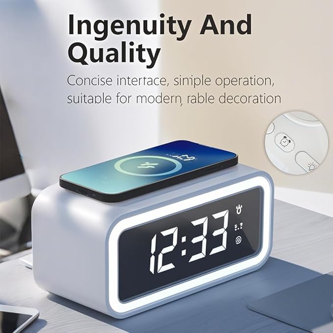 AYI 4in1 Smart Wireless Charging Alarm Clock with Mirror Display | 15W Fast Charger for Phone &amp Earbuds 3 Group Alarms Warm White/Yellow Night Light Temperature Display Extra USB Port-White