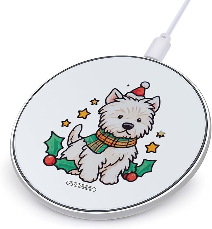 Christmas Westie Dog Fast Portable Charger 10W Funny Graphic Phone Charging Pad with USB Cable