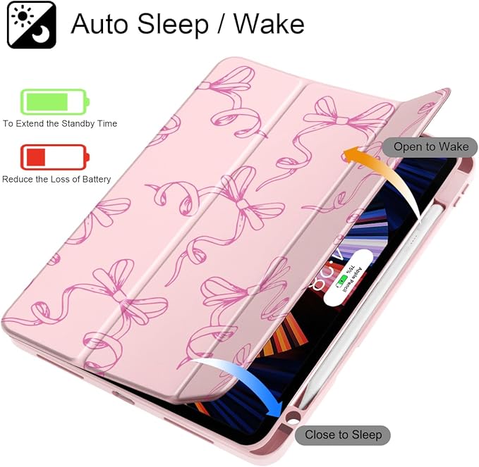 May Chen for iPad Pro 11 inch M2 4th Generation 2022 iPad Pro 11 3rd/2nd/1st Gen Case with Transparent Shockproof Back Cover [Built-in Pencil Holder Auto Sleep/Wake Pink Bows