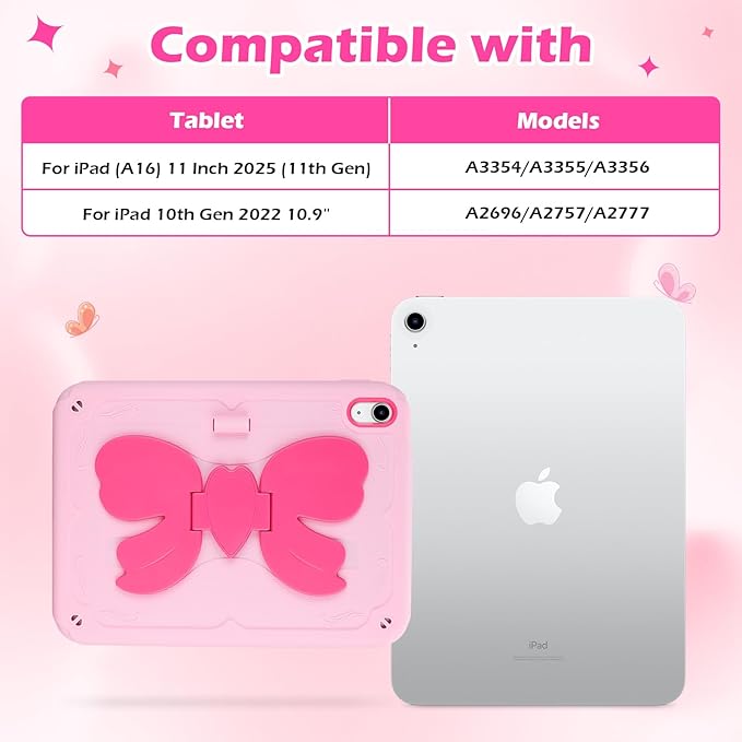 VOFUOE for iPad A16 Case 11th Generation 2025 11 Inch for iPad 10th Generation Case 2022 10.9 Inch for Kids Girls with Sweet Bow Stand Shoulder Strap Pencil Holder Hard Cover-Pink &ampHot Pink Bow